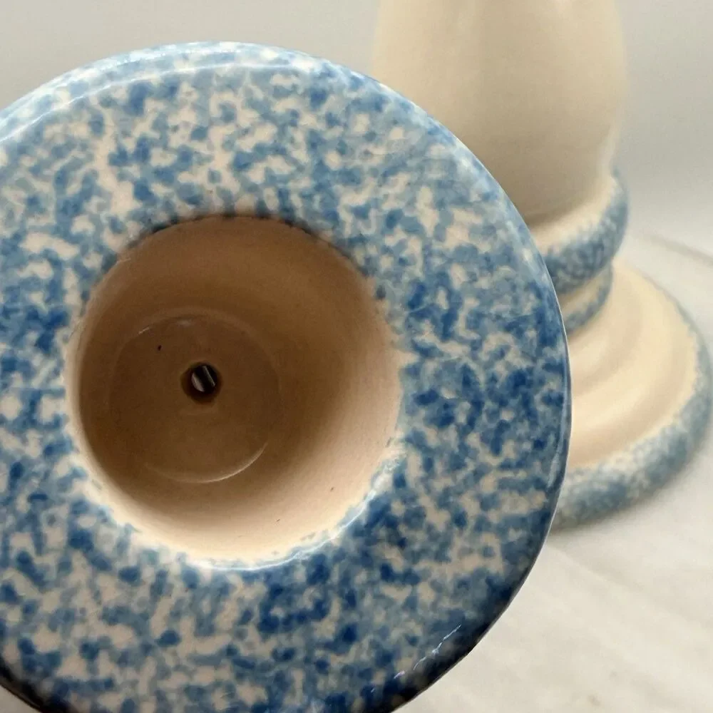 Vintage Blue Heart Spongeware Ceramic Candlestick Holders Pair Country 7.5